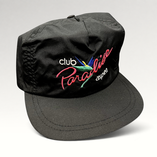 Raree Finds vintage Club Paradise Aspen black nylon strapback hat with colorful neon embroidered resort logo