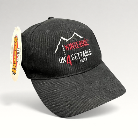 Raree Finds vintage 2004 black Aspen Winterskol stretch fit cap with embroidered mountain logo and festival text.
