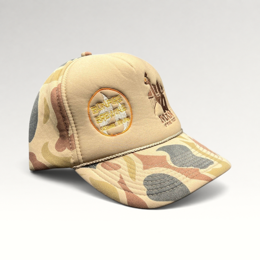 Raree Finds vintage Bonfire Brewing Co. tan camouflage snapback hat with rope detail and mountain embroidery.