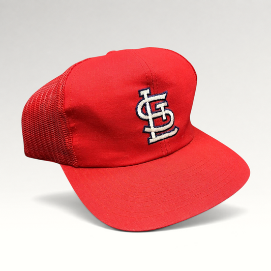 Raree Finds vintage red St. Louis Cardinals mesh trucker snapback hat with embroidered STL logo and green undervisor