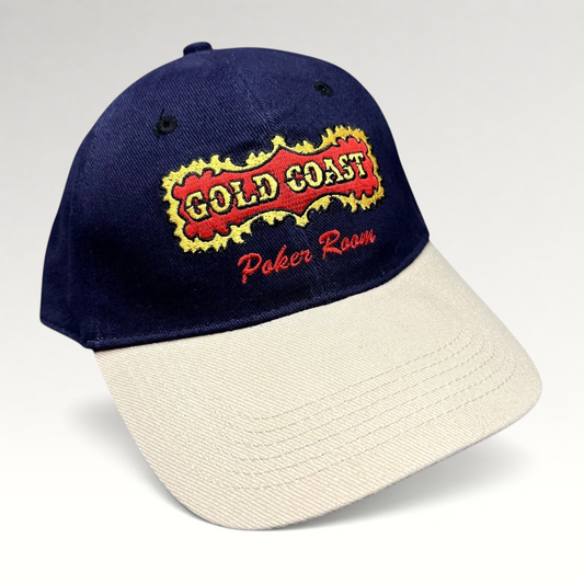 Raree Finds vintage 90s navy and tan cotton strapback hat with Gold Coast Casino Poker Room embroidery