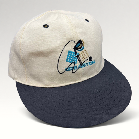 Raree Finds vintage 90s Easton fitted golf hat with white crown, navy brim, and embroidered club and ball graphic.