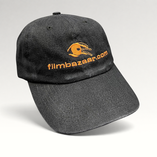 Raree Finds vintage black cotton strapback hat with orange embroidered FilmBazaar.com logo on the front