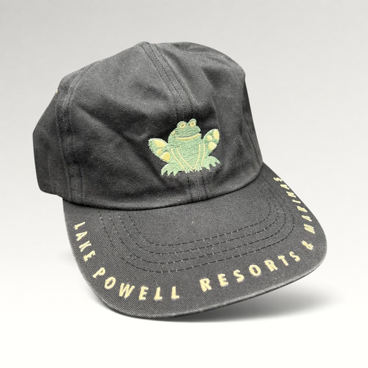 Raree Finds vintage black cotton strapback hat with embroidered frog graphic and Lake Powell Resorts & Marinas text.