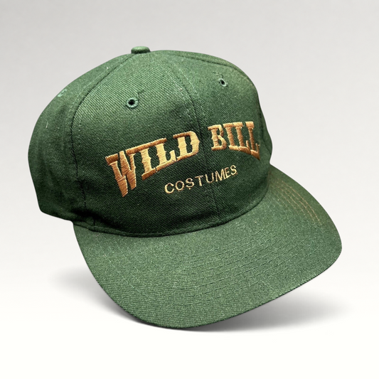 Raree Finds vintage dark green Otto Cap snapback hat with brown Wild Bill Costumes embroidery and flat brim