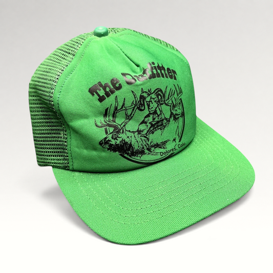 Raree Finds vintage 1980s green foam trucker hat with black wildlife graphic and mesh back from The Outfitter Colorado