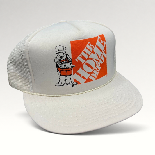 Raree Finds vintage 80s Home Depot trucker snapback hat with white foam front, orange logo, and mesh back