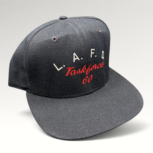 Raree Finds vintage New Era Pro Model black snapback hat with LAFD Task Force 60 red and white embroidery