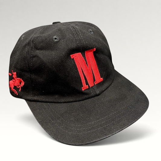 Raree Finds vintage black Marlboro strapback hat with red embroidered M logo and side horse graphic