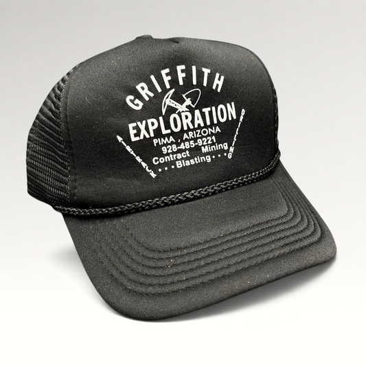 Raree Finds vintage black foam trucker hat with white Griffith Exploration mining company graphic and braided rope