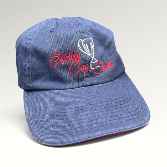 Raree Finds vintage navy blue strapback golf hat with Stirling Cup Classic script embroidery and trophy graphic.