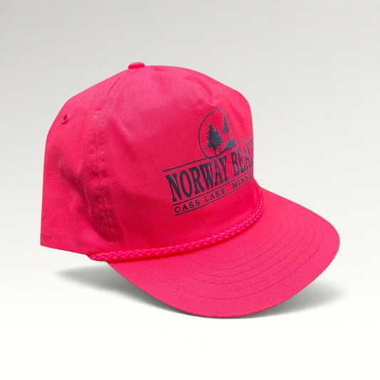 Raree Finds vintage 1980s neon pink snapback hat with navy Norway Beach graphic and decorative front rope detail.