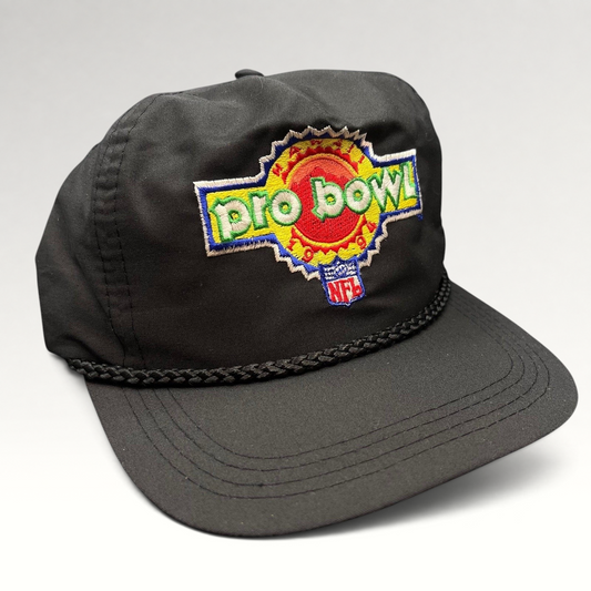 Raree Finds vintage black NFL Pro Bowl snapback rope hat with colorful embroidered sunburst logo and braided detail.
