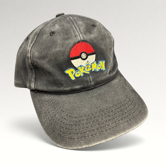 Raree Finds vintage black cotton twill Pokémon strapback hat with embroidered Poké Ball and logo
