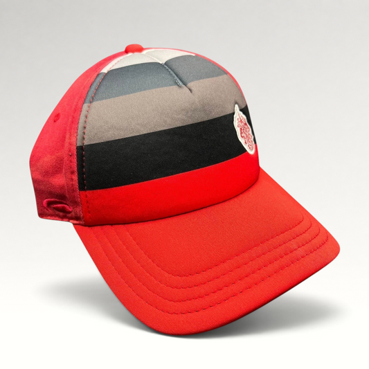 Raree Finds vintage Pukka Headwear Trump National Golf Club strapback hat in red with black and gray striped front.