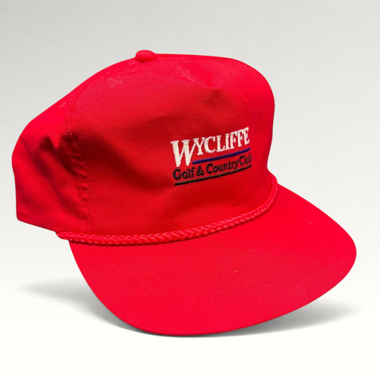Raree Finds vintage red snapback hat with rope detail and Wycliffe Golf & Country Club embroidery