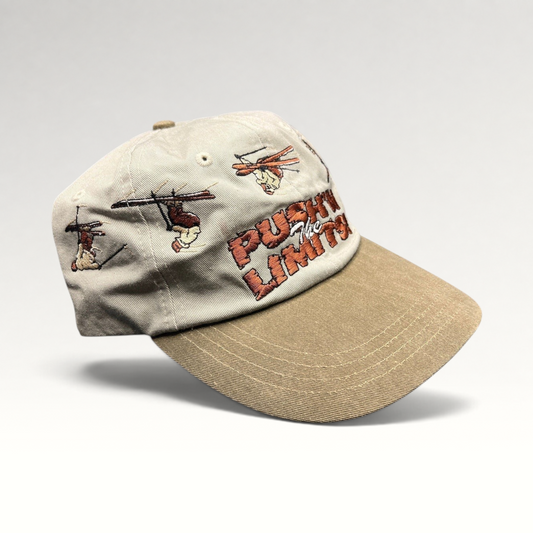 Raree Finds vintage 90s Attitude strapback hat in stone and olive with embroidered skiers and Pushin the Limits text