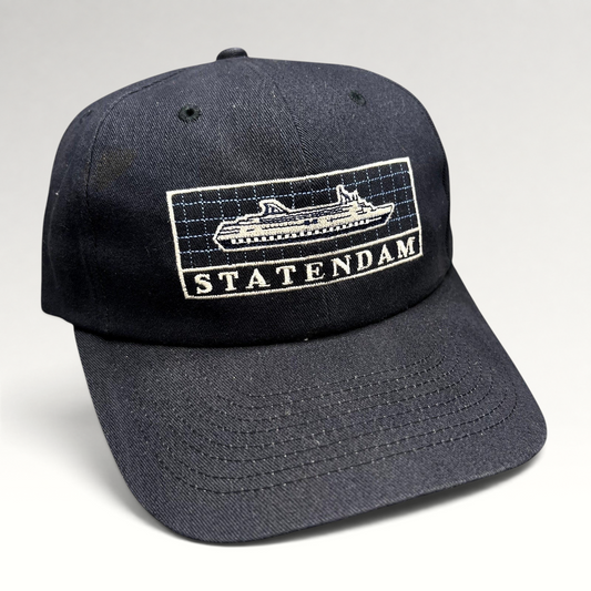 Raree Finds vintage navy blue cotton strapback hat featuring an embroidered Statendam Holland America cruise ship logo