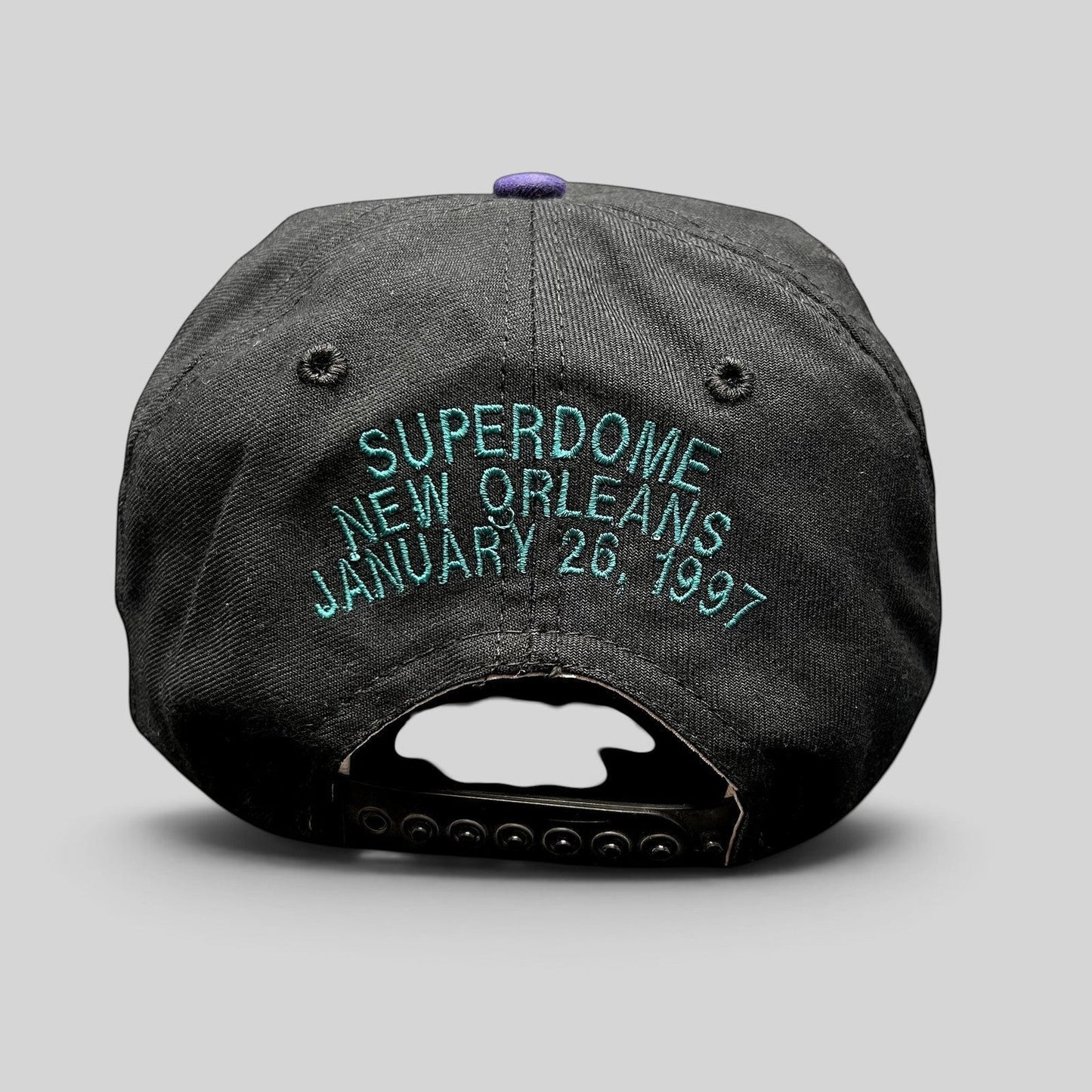 Raree Finds vintage 1997 Super Bowl XXXI snapback hat back view with teal embroidered Superdome New Orleans text