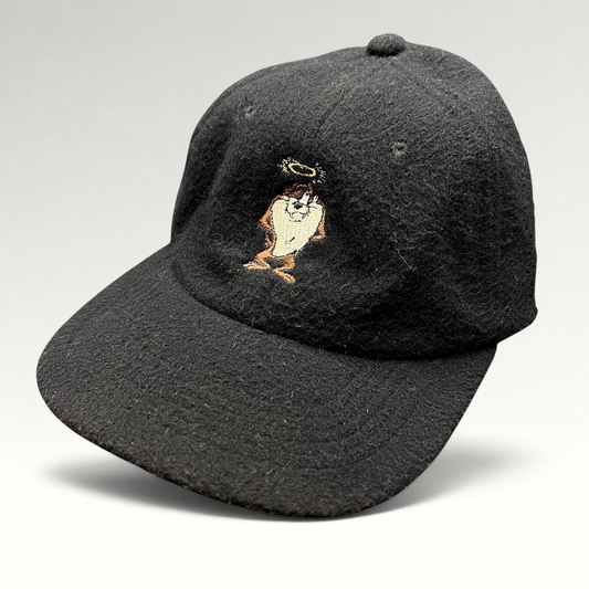 Raree Finds vintage 1995 black wool snapback hat featuring an embroidered Tasmanian Devil with a halo on the front.