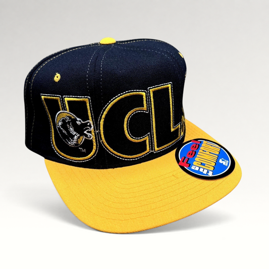 Raree Finds vintage Starter UCLA Bruins flex fit hat in navy and gold with oversized wraparound embroidered logo