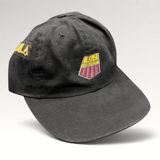 Raree Finds vintage 90s black USA Ski Team snapback hat with embroidered shield logo and BULA side branding