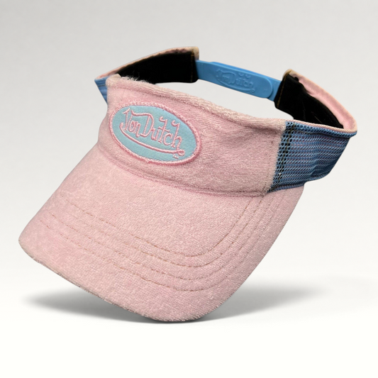 Raree Finds vintage Von Dutch Y2K pink and blue terry cloth visor with an oval logo patch and plastic strapback.