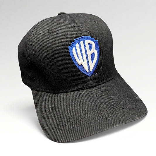 Raree Finds black fitted hat featuring an embroidered blue and silver WB shield logo from Warner Bros Studio Tour