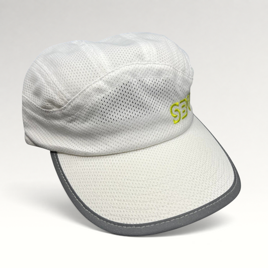 Raree Finds white 5-panel performance running cap with breathable mesh, reflective brim trim, and lime green SBV logo.