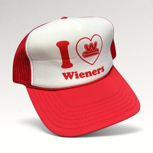 Raree Finds vintage Wienerschnitzel red and white foam trucker hat with I Heart Wieners graphic and mesh back