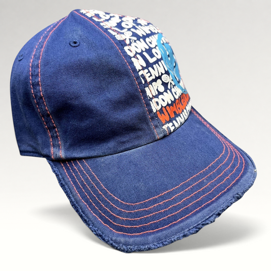 Raree Finds navy blue and orange distressed Wimbledon strapback hat with graphic tournament print and frayed edges