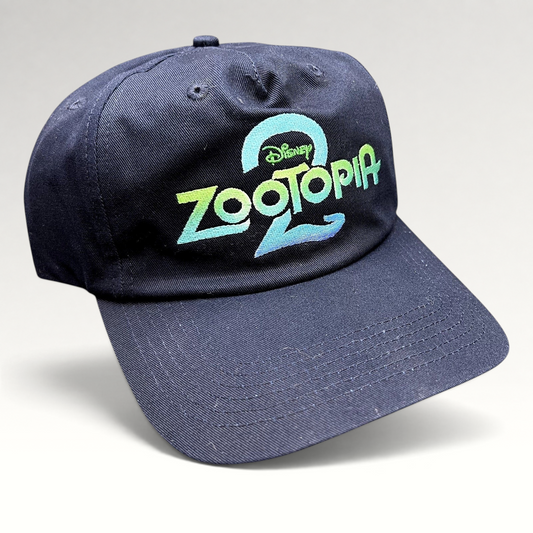 Raree Finds Disney Zootopia 2 promotional navy blue strapback hat with vibrant embroidered logo on the front crown.