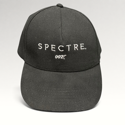 Raree Finds black cotton strapback hat featuring white embroidered SPECTRE text and 007 logo from the 2015 film.