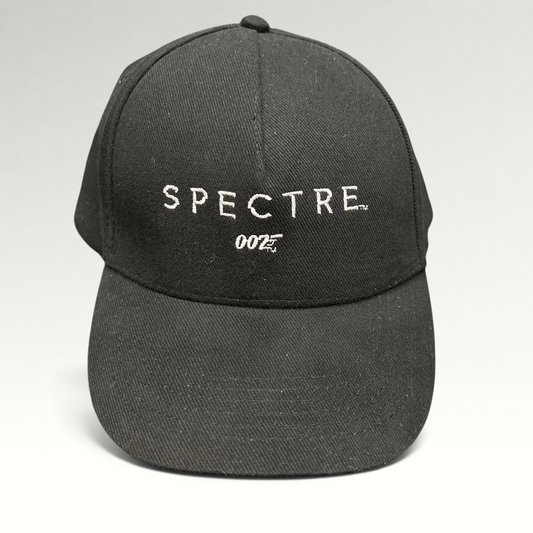 Raree Finds black cotton strapback hat featuring white embroidered SPECTRE text and 007 logo from the 2015 film.
