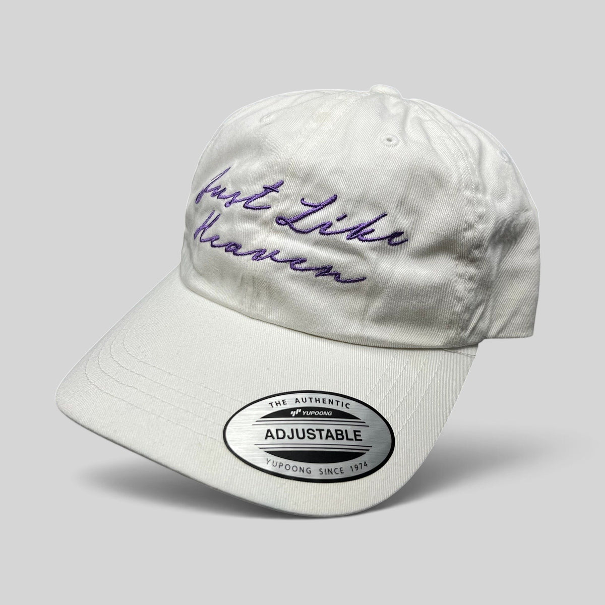 Just Like Heaven Script Strapback Hat White Purple Yupoong Classics Dad Cap NWT