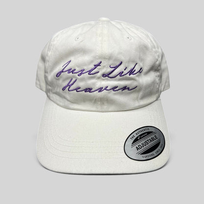 Just Like Heaven Script Strapback Hat White Purple Yupoong Classics Dad Cap NWT