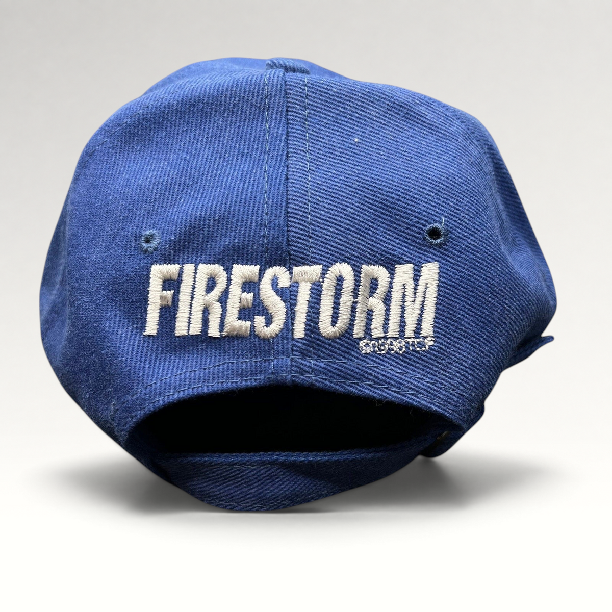 Raree Finds vintage 1998 Firestorm movie cast and crew royal blue strapback hat with white back embroidery