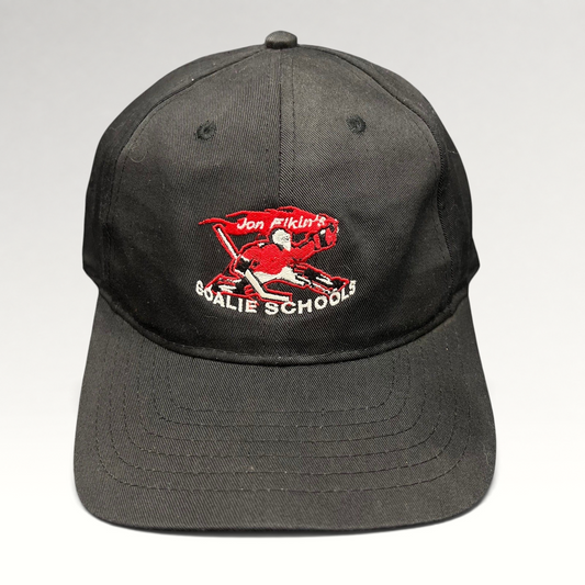 Raree Finds vintage black AJM strapback hat with red and white John Elkin Elite Goalie School embroidery