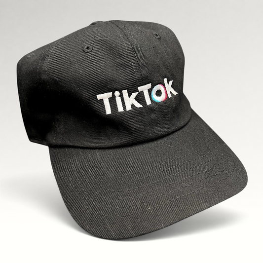 Raree Finds black cotton dad cap with embroidered white TikTok logo and teal and pink accent stitching