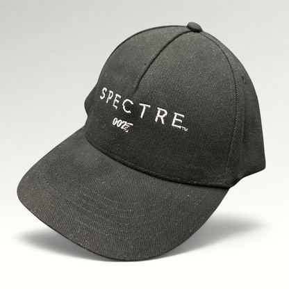 Raree Finds black cotton strapback hat featuring white embroidered SPECTRE and 007 logo from the 2015 James Bond film.