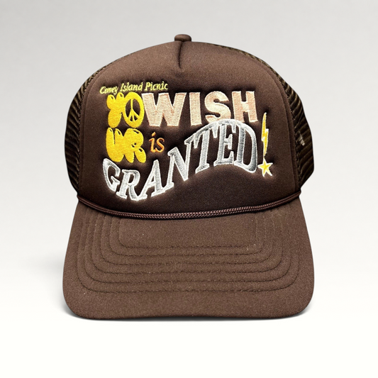 Raree Finds brown Coney Island Picnic trucker hat with Your Wish Is Granted embroidered graphic and mesh back panels.