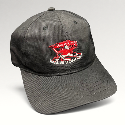 Raree Finds vintage black AJM strapback hat with red and white John Elkin Elite Goalie School embroidered graphic