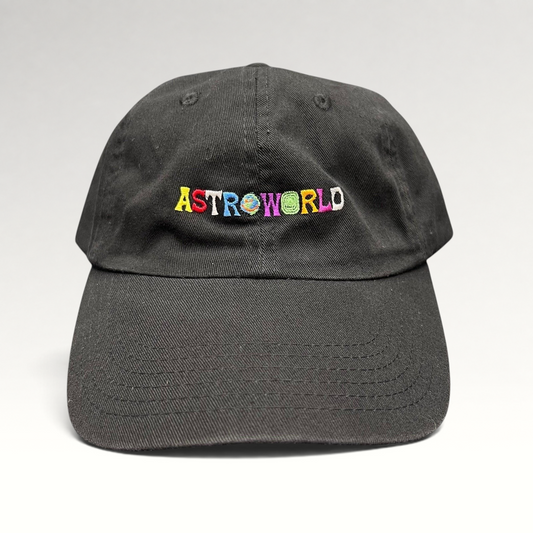 Raree Finds black cotton strapback hat with multicolor embroidered ASTROWORLD lettering on the front crown