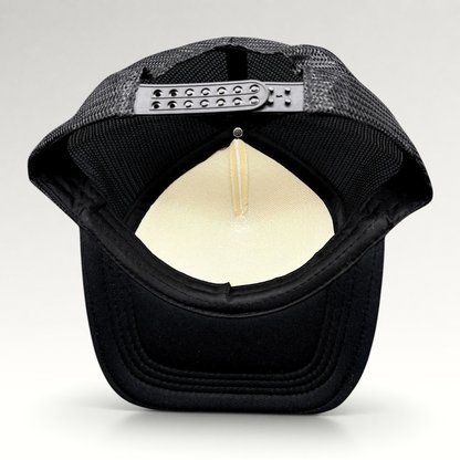 Raree Finds novelty trucker hat back view showing black mesh, adjustable snapback closure, and white foam interior.