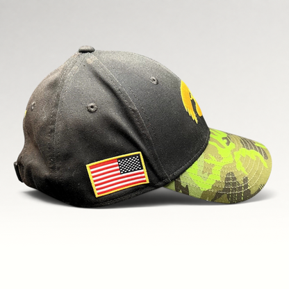 Raree Finds Nike Iowa Hawkeyes Legacy91 strapback hat with black crown, green camo visor, and American flag patch.