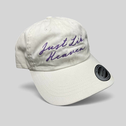 Just Like Heaven Script Strapback Hat White Purple Yupoong Classics Dad Cap NWT