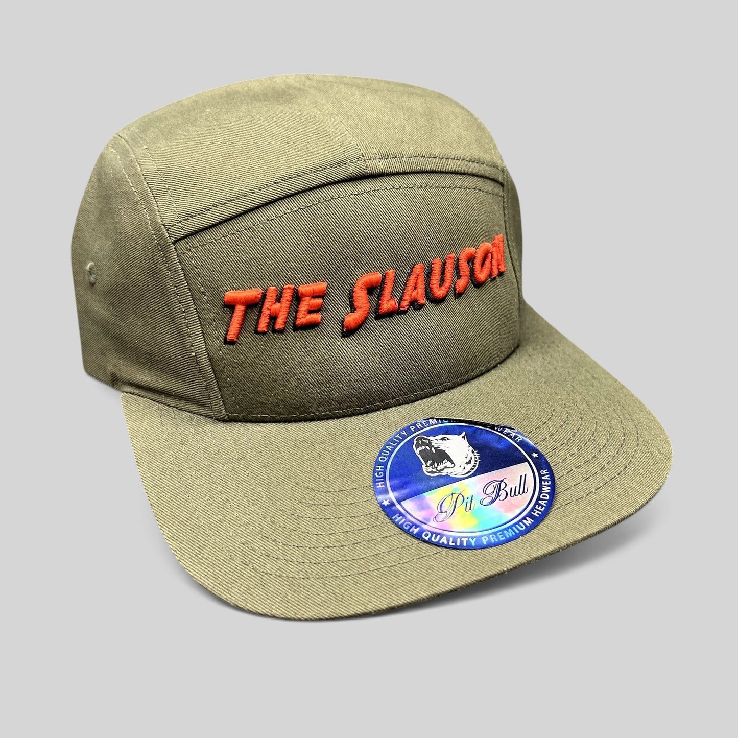 The Slauson 5 Panel Strapback Hat Olive Red Yellow Pit Bull