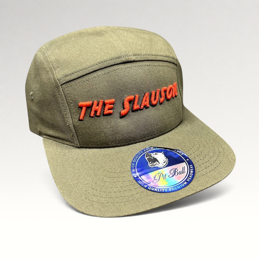 Raree Finds olive green 5-panel strapback hat with The Slauson red embroidered script and Pit Bull Headwear sticker