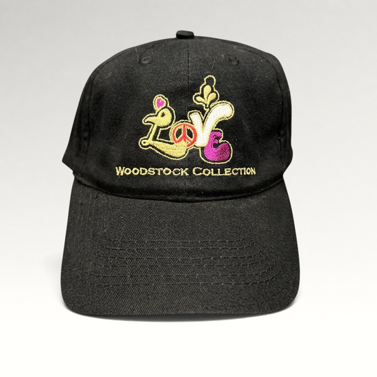 Raree Finds black cotton strapback hat with colorful embroidered Woodstock Collection Love logo and peace sign design