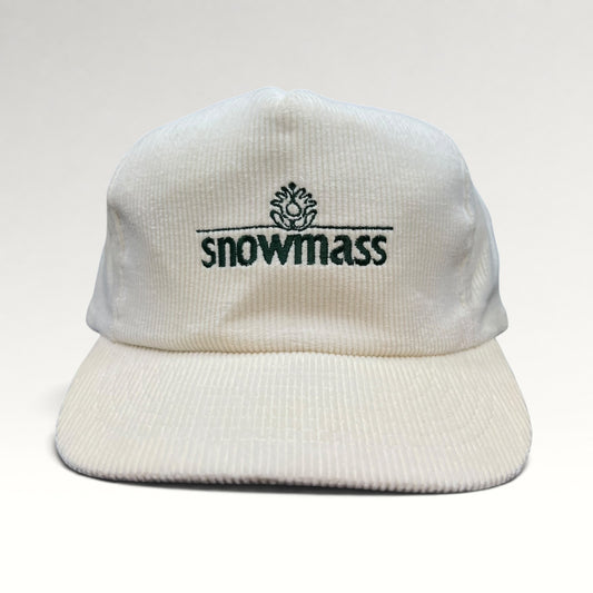Vintage Snowmass white corduroy snapback hat, front view